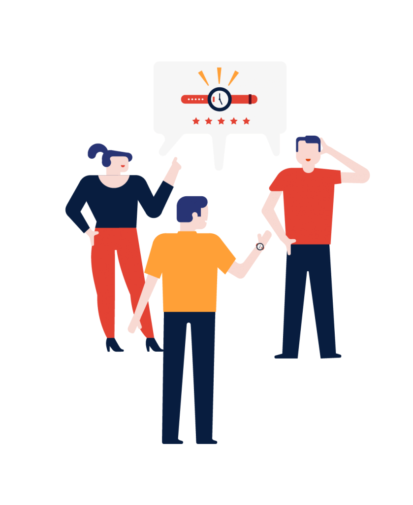 Ilustración que muestra a un grupo de personas conversando y haciendo una valoración de usuario